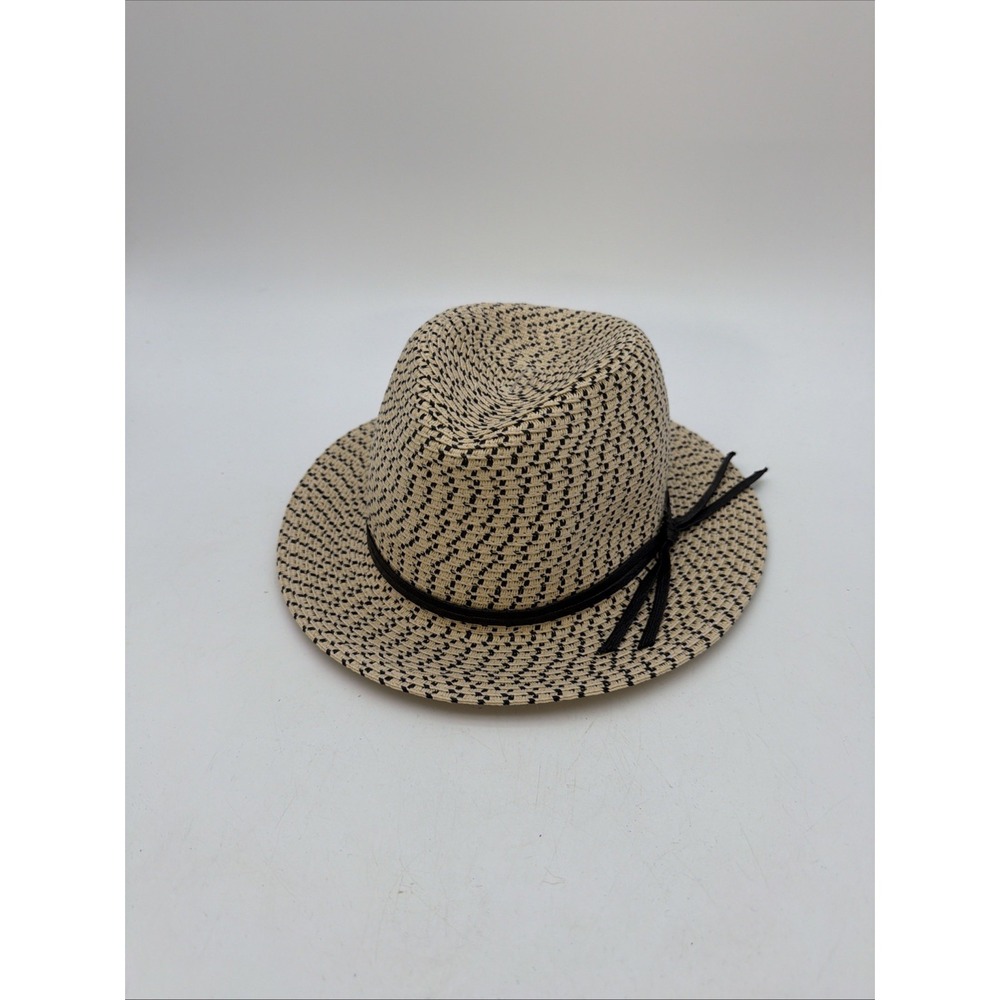 woven straw fedora hat in a two-tone speckled cream and black pattern
